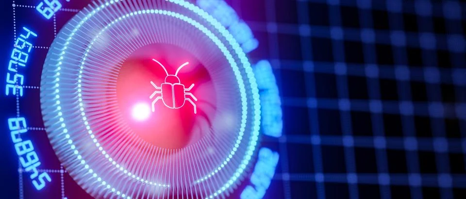 Safety code concept. Errors in the program. Malware. 3D render. Illustrazione stock