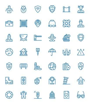 Safety Complete Vector Package with 42 256x256 Regular Line Grid Fitted Icons Stock Illustration
