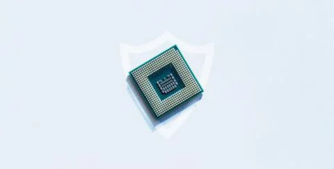 Safety computer. Network digital security technology with computer processor  写真素材