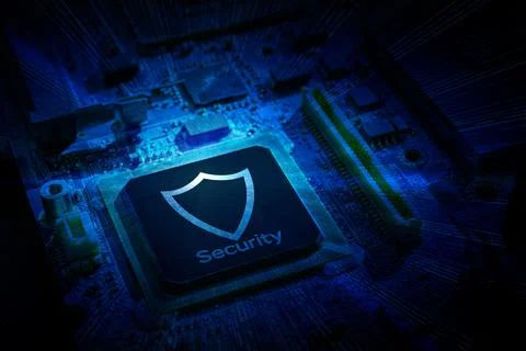 Safety computer. Network security technology with computer processor chip on  写真素材