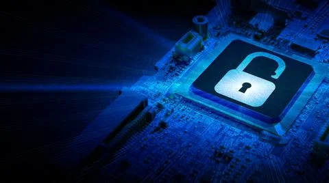 Safety computer. Network security technology with computer processor chip on  写真素材