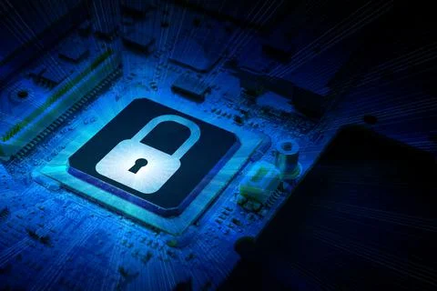 Safety computer. Network security technology with computer processor chip on  写真素材