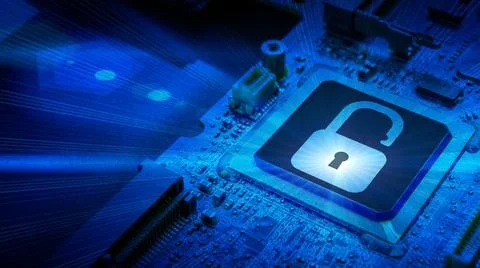 Safety computer. Network security technology with computer processor chip on  Stock Photos