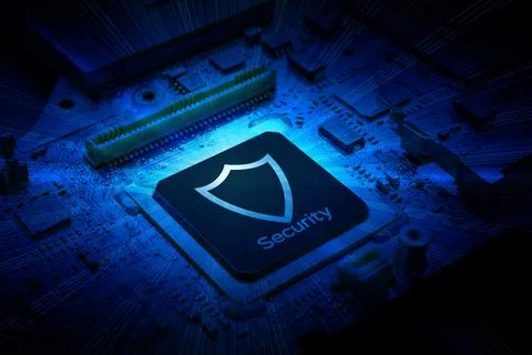 Safety computer. Network security technology with computer processor chip on  写真素材