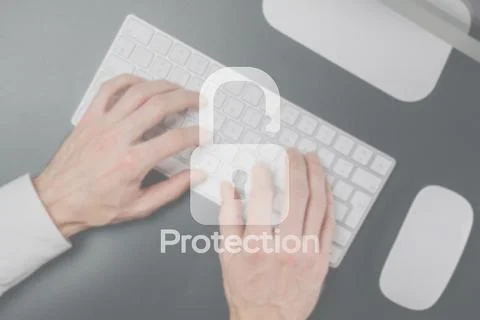 Safety computer security concept. Internet protection symbol on blured keyboa Fotos Stock