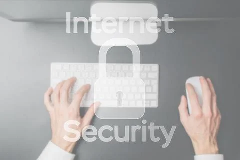 Safety computer security concept. Internet protection symbol on blured keyboa Stock Photos