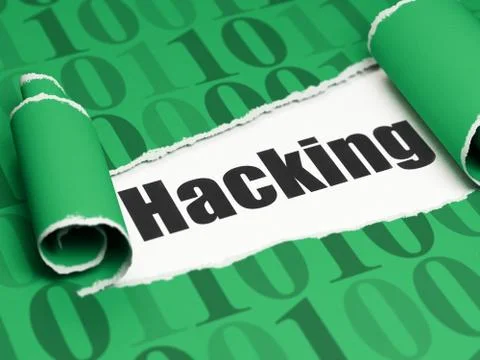 Safety concept: black text Hacking under the piece of  torn paper Stock-Illustration