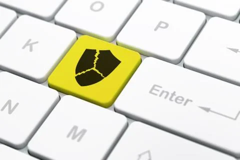 Safety concept: Broken Shield on computer keyboard background Illustrazione stock