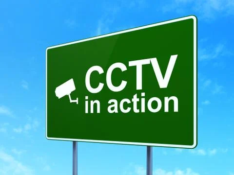 Safety concept: CCTV In action and Cctv Camera on road sign Illustrazione stock