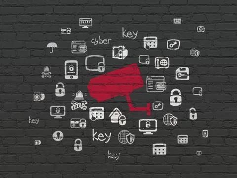 Safety concept: Cctv Camera on wall background Illustrazione stock
