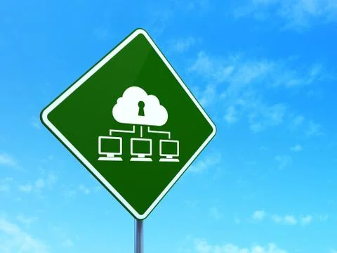 Safety concept: Cloud Network on road sign background Illustrazione stock