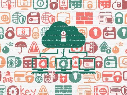 Safety concept: Cloud Network on wall background Stock Illustration