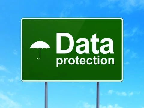 Safety concept: Data Protection and Umbrella on road sign Illustrazione stock