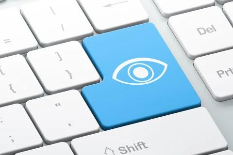 Safety concept: Eye on computer keyboard background Illustrazione stock
