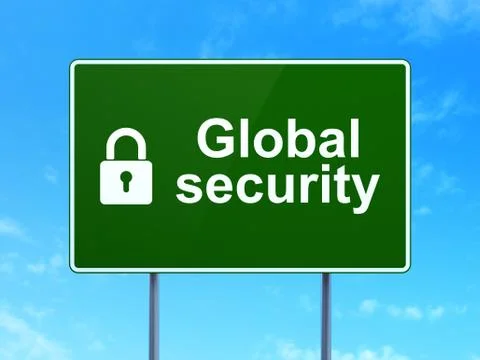 Safety concept: Global Security and Closed Padlock on road sign background Stock Illustration