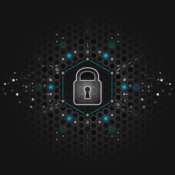 Safety concept. Global security. Closed padlock, glitter and hexagon shapes o Illustrazione stock