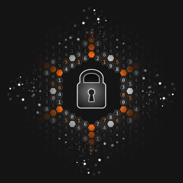 Safety concept. Global security. Closed padlock, glitter and hexagon shapes o Stock Illustration