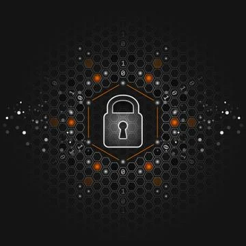 Safety concept. Global security. Closed padlock, glitter and hexagon shapes o Illustrazione stock