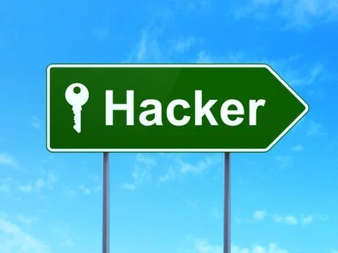 Safety concept: Hacker and Key on road sign background Stock Illustration