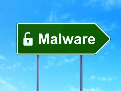 Safety concept: Malware and Opened Padlock on road sign background Illustrazione stock