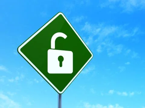 Safety concept: Opened Padlock on road sign background Illustrazione stock