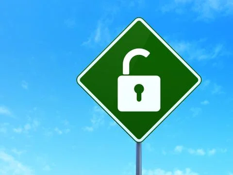 Safety concept: Opened Padlock on road sign background 스톡 일러스트