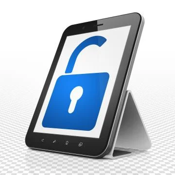 Safety concept: Tablet Computer with Opened Padlock on display Stock Illustration