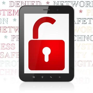 Safety concept: Tablet Computer with Opened Padlock on display Stock Illustration