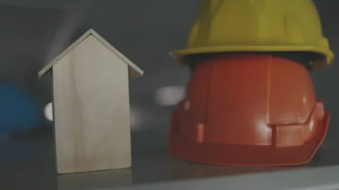 Safety Construction Worker Hats. Teamwork of the construction team Stock-Footage 142078295