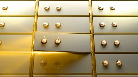 Safety deposit box opened by two golden keys and then a bright light appears Stock Footage 106588875