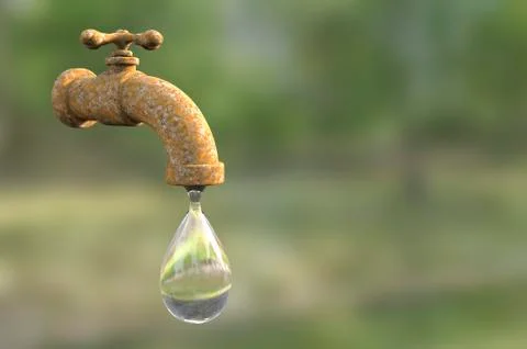 Safety of drinking water concept, 3D illustration showing tap with water Foto stock