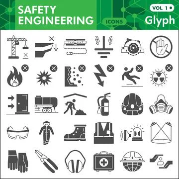 Safety engineering solid icon set, Industry symbols collection or sketches 스톡 일러스트