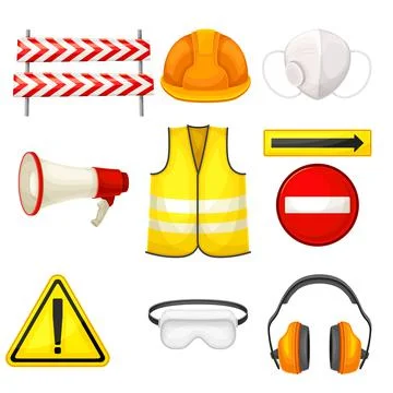 Safety Equipment with Hard Hat and Road Barricade for Construction and Stock Illustration