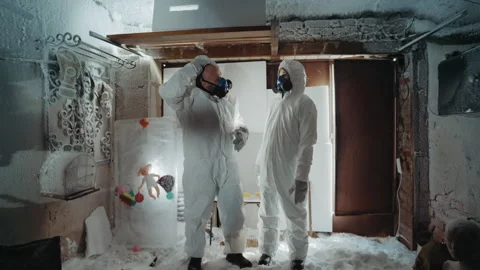 Safety experts analyze icy container. Environmental safety professionals Video stock 342748297