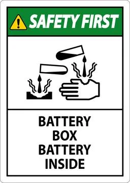 Safety First Battery Box Battery Inside Sign With Symbol Illustrazione stock