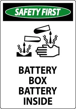 Safety First Battery Box Battery Inside Sign With Symbol Illustrazione stock