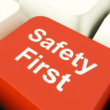 Safety first computer key showing caution protection and hazards Stock Illustration