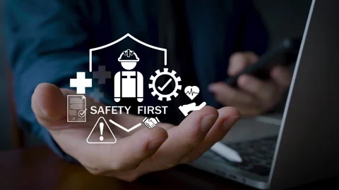 Safety first concept with digital icons of worker protection, health care, a Stock Footage 319051862