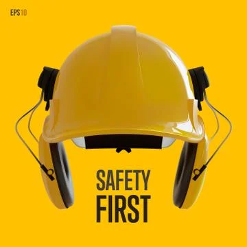 Safety first concept. Isolated hard hat with ear defenders. Realistic 3D Vector Stock Illustration