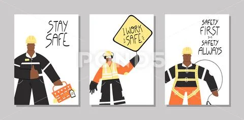 Safety first Industrial hand drawn posters set Stock Illustration