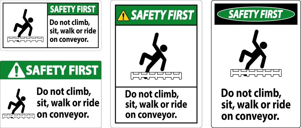 Safety First Label Do Not Climb, Sit, Walk or Ride on Conveyor Stock Illustration