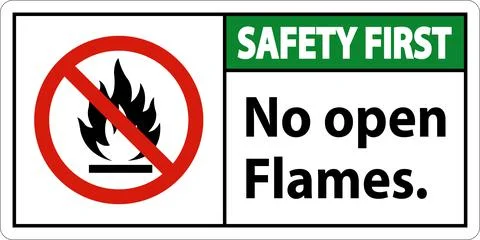 Safety First No Open Flames Label Sign On White Background Illustrazione stock