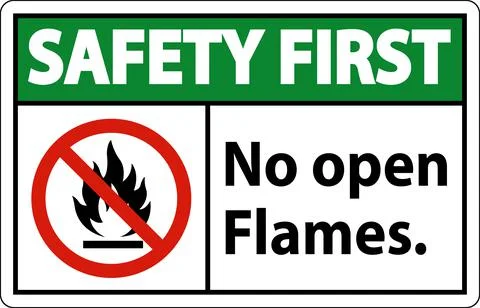 Safety First No Open Flames Label Sign On White Background Illustrazione stock