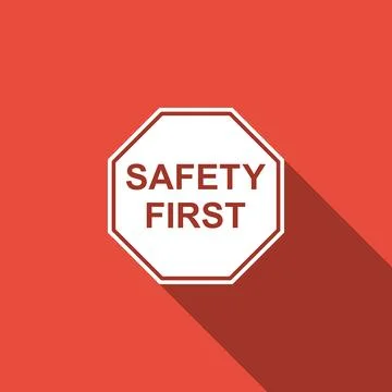 Safety First octagonal shape icon isolated with long shadow. Flat design. Vector Stock Illustration