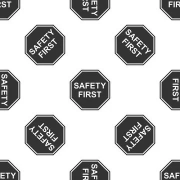 Safety First octagonal shape icon seamless pattern on white background. Flat Illustrazione stock