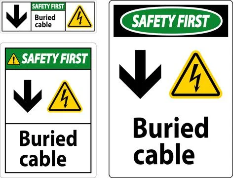 Safety First Sign Buried Cable With Down Arrow and Electric Shock Symbol Stock Illustration