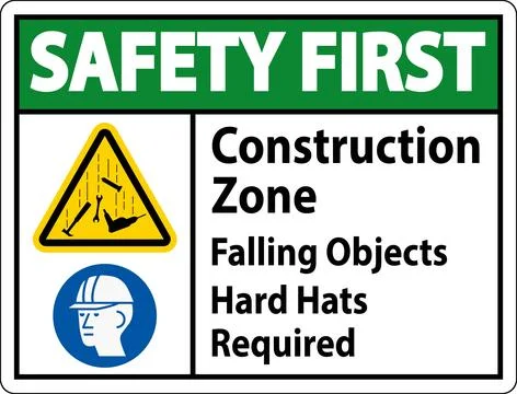 Safety First Sign, Construction Zone, Falling Objects Hard Hats Required Stock Illustration