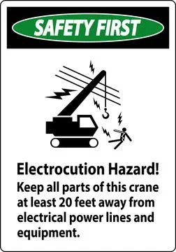 Safety First Sign Electrocution Hazard, Keep All Parts Of This Crane At Lea.. Stock Illustration