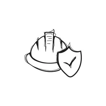 Safety Hard Hat with Shield Checkmark Hand Drawn Doodle Vector Stock Illustration