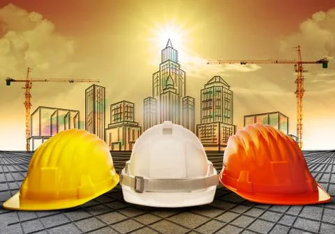 Safety helmet against building construction sketching background Stock Photos